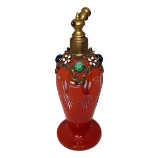Czech Red Cut to Clear Jeweled Atomizer: Ormolu Filigree Floral Design For Sale