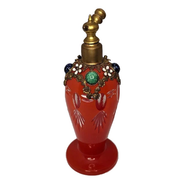Czech Red Cut to Clear Jeweled Atomizer: Ormolu Filigree Floral Design For Sale