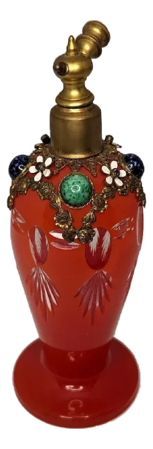 Czech Red Cut to Clear Jeweled Atomizer: Ormolu Filigree Floral Design