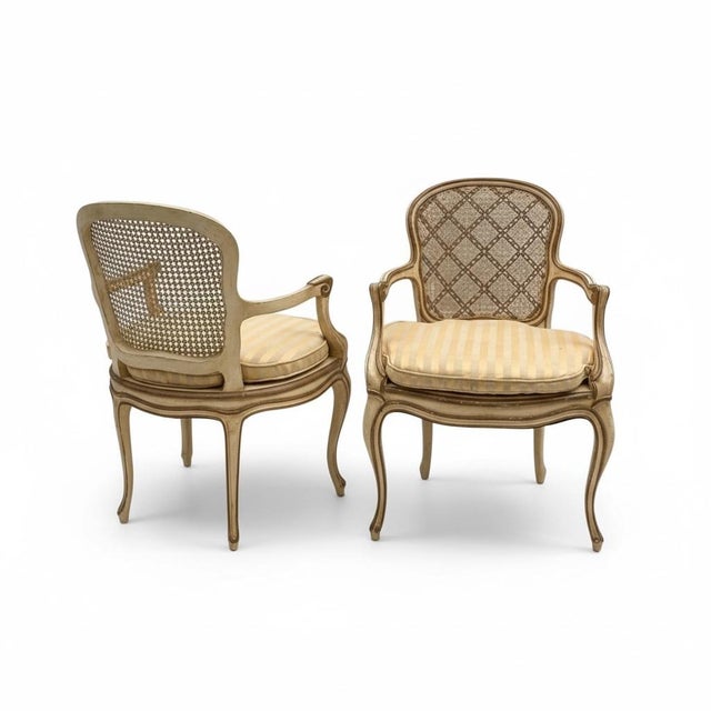 French 1950s French Louis VI Style Gilt and Painted Bergere Chairs, Pair For Sale - Image 3 of 5