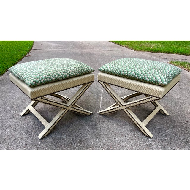 1960s Pair of Mid-Century X Form Benches With Antique Brass Nailheads For Sale In Dallas - Image 6 of 11