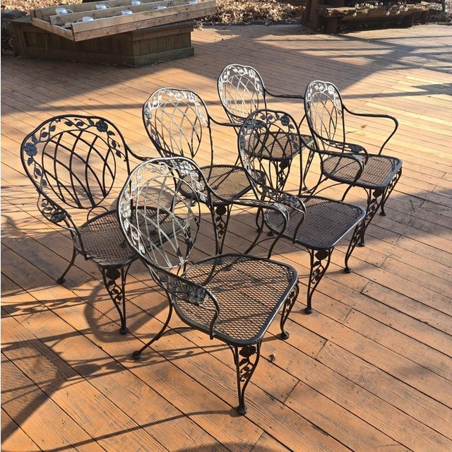 Late 20th Century Vintage Wrought Iron Outdoor Table With Glass Top and 6 Chairs For Sale - Image 5 of 14