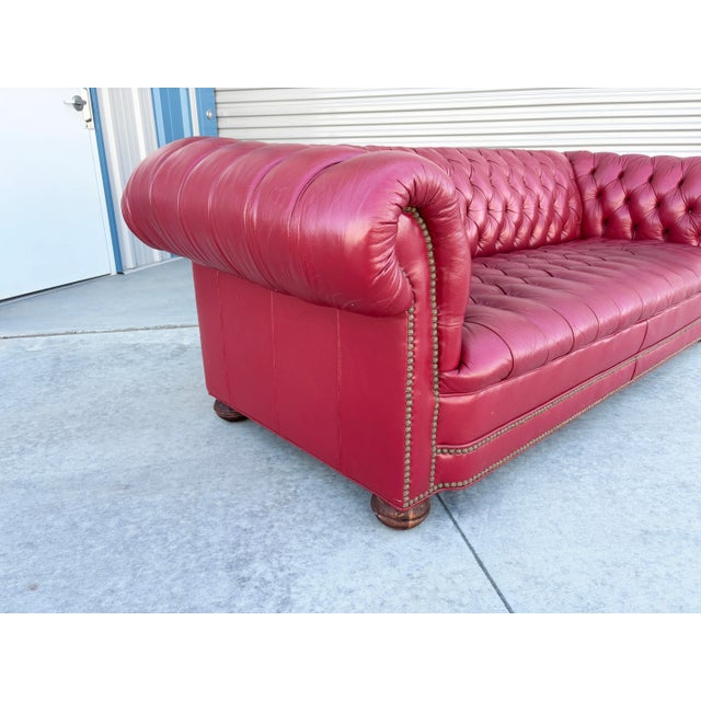 1980s Vintage Tufted Red Leather Rolled-Arm Chesterfield Sofa For Sale In Los Angeles - Image 6 of 11