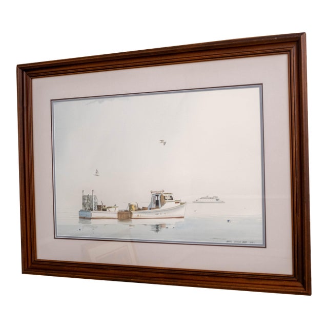 Crab Boat Seagulls Watercolor Painting Signed James Drake Iams For Sale