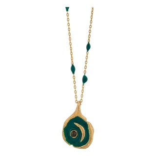 New Beginning Green Moon Enamel Chain Gold Necklace For Sale