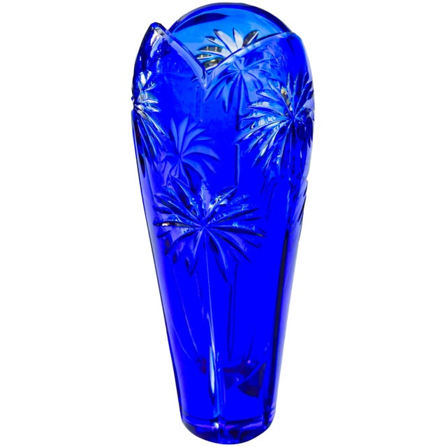 Striking and very heavy midcentury handblown cobalt blue and clear crystal vase exquisitely hand-cut in a remarkable sleek...
