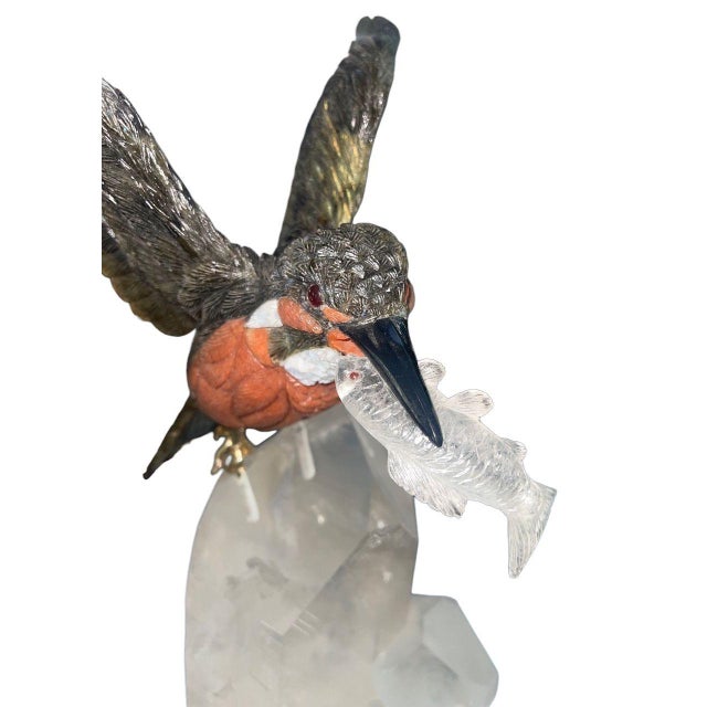 Exceptional gemstone sculpture of a kingfisher in flight by Peter Müller, Switzerland, executed in the 1980s. This...