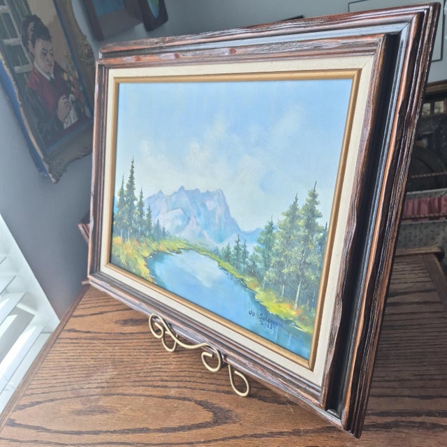 VTG 85' Mountain Lake Landscape Painting on Canvas Signed Original 12x16" Framed For Sale - Image 10 of 16