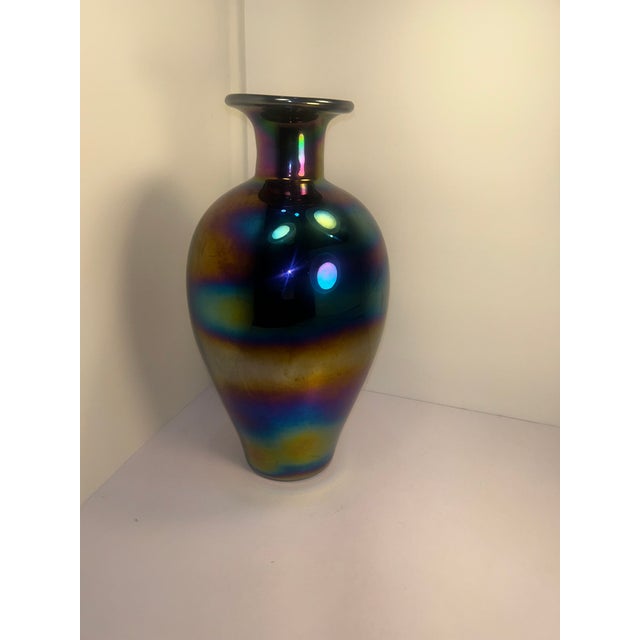 Vintage 11" Iridescent Art Glass Vase in Cobalt Amethyst – Czech / Kralik Style For Sale - Image 9 of 13