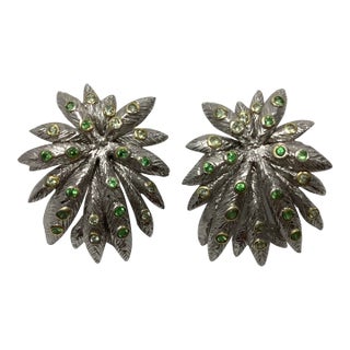 Sterling Silver Two-Tone Large Fern-Like Leaf Earrings Bezel Set With Green Gemstones, A Pair For Sale