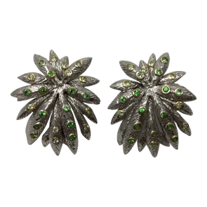 Sterling Silver Two-Tone Large Fern-Like Leaf Earrings Bezel Set With Green Gemstones, A Pair