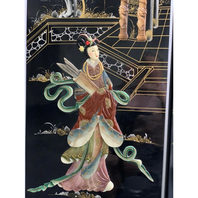 Paint Vintage Chinoiserie Black Lacquer Inlaid Room Divider Screen For Sale - Image 7 of 12
