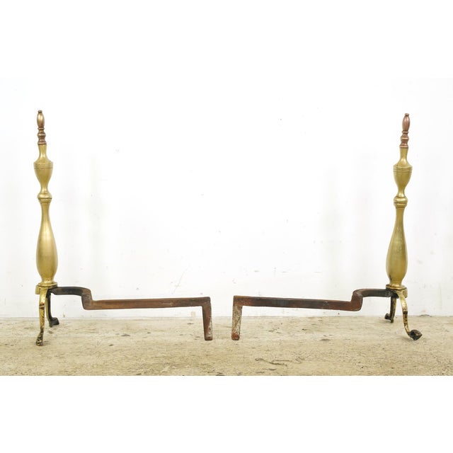 Mid 20th Century Pair of Antique Federal Brass Fireplace Andirons For Sale - Image 5 of 8