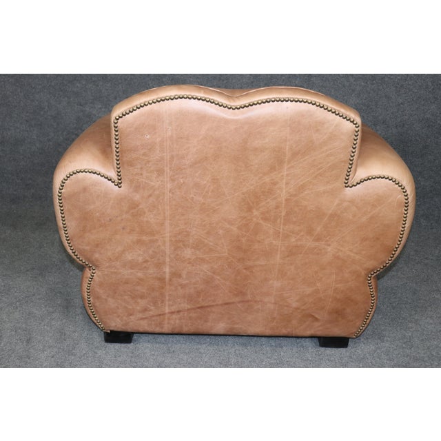Pair Restored French Art Deco Style Leather Distressed Moustache Club Chairs For Sale - Image 11 of 14