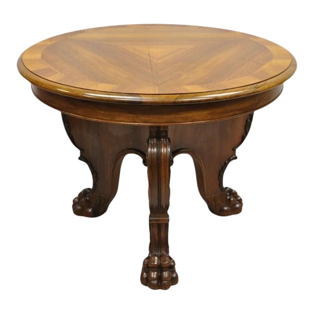 1900s Antique German Renaissance Revival Carved Walnut Paw Feet Round Center Table For Sale
