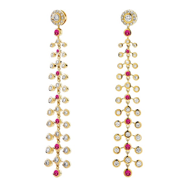 Syna Yellow Gold Mogul Chandelier Earrings with Rubies and Diamonds, a Pair For Sale
