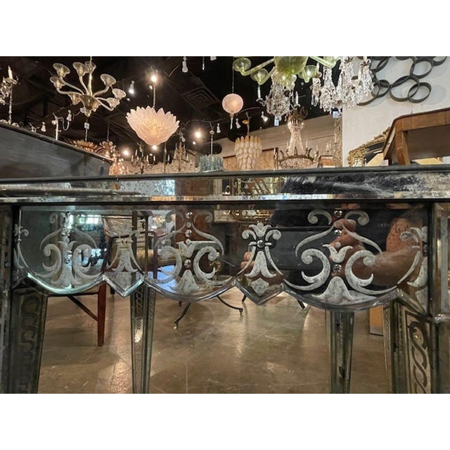 Transitional Pair of Vintage Venetian Etched Mirror Side Tables For Sale - Image 3 of 10
