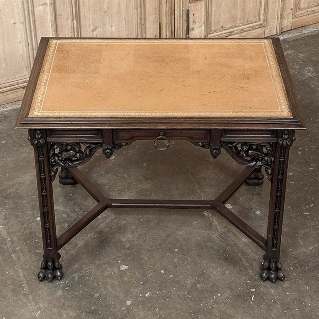 19th Century French Gothic Walnut Writing Desk With Leather Top For Sale - Image 16 of 18