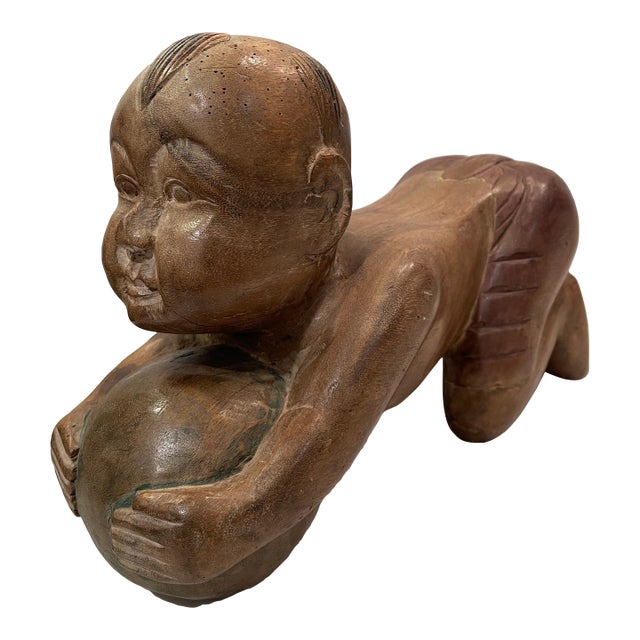 Antique Chinese Opium Pillow (Wooden Statue of Baby Buddha), Imperfect Wood For Sale