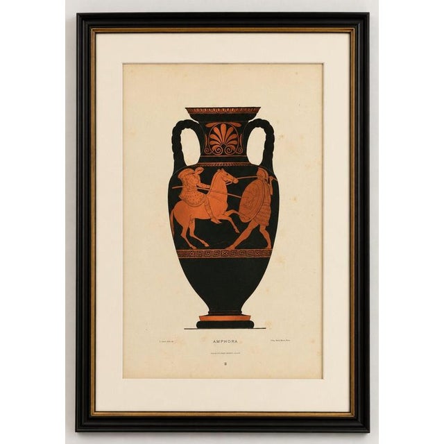 Antique Greek Amphora with Warrior & Horse Color Lithograph, 1883 Original antique color lithograph depicting an ancient...