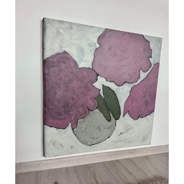 Abstract Large Original Floral Abstract Painting Acrylic on Canvas, 28x28 Square Pink Flower Wall Art, Modern Botanical Decor, Dusty Rose and Sage Green For Sale - Image 3 of 4