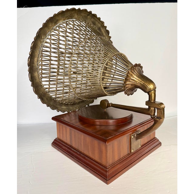Brass Vintage Maitland Smith Brass & Wood Gramophone Birdcage Decorative Box For Sale - Image 8 of 12