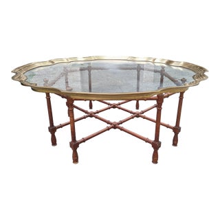 Vintage Hollywood Regency Faux Bamboo Brass and Glass Pie Crust Tray Coffee Table For Sale