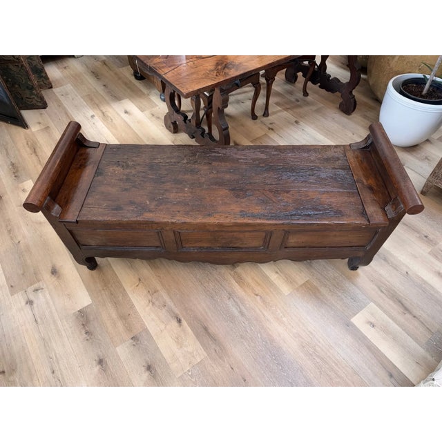 Louis XV 18th C. French Provincial Elm and Oak Lift Top Hall Bench, Having Roll Arm Sides, Lift Top Seat, Interior Reveals...