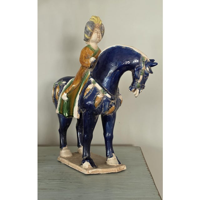 Beijing Niren Zhang Tang Style Cobalt Sancai Glazed Horse & Rider Figurine - 17" For Sale - Image 13 of 16