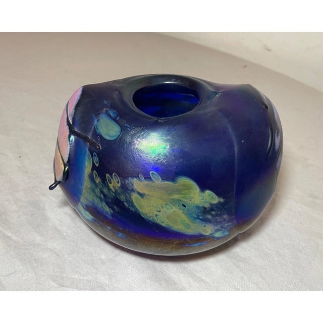 Blue Unusual Hand Blown Iridescent Pearson Studio Art Glass Blue Vase Sculpture For Sale - Image 8 of 18