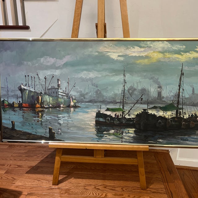 Nautical 20th Century European School Oil on Canvas Boats in the Harbor Framed Signed For Sale - Image 3 of 12