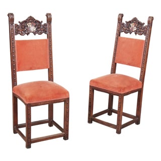 Late 19th Century Carved Walnut Baroque High-Back Chairs With Painted Heraldic Crests — A Pair For Sale
