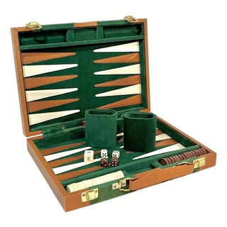 Vintage Mid-Century Green and Brown Striped Backgammon Game Set in Travel Case For Sale