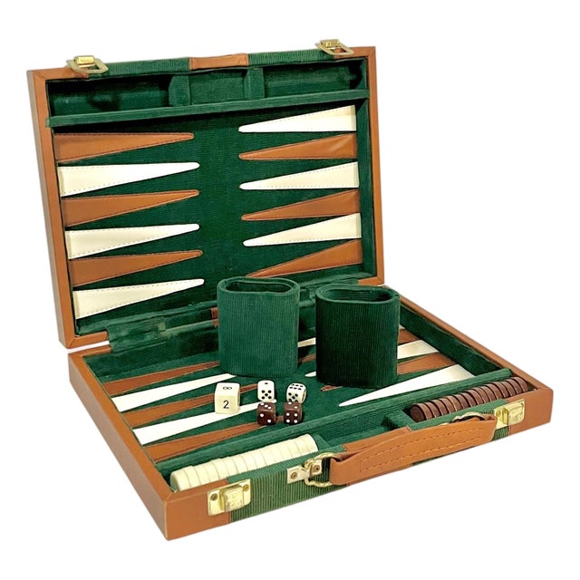 Vintage Mid-Century Green and Brown Striped Backgammon Game Set in Travel Case For Sale
