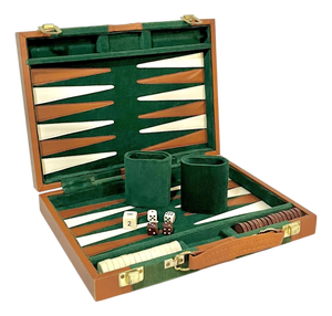 Vintage Mid-Century Green and Brown Striped Backgammon Game Set in Travel Case