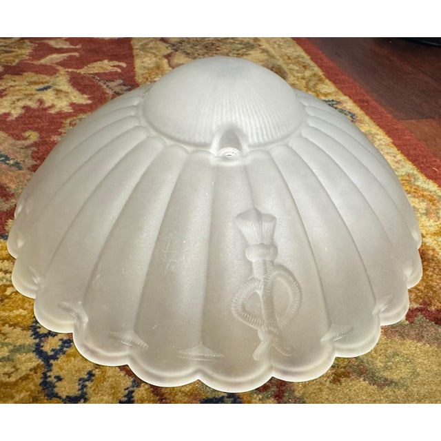 Large Vintage Frosted Glass Nautical Ceiling Light Shade – Scalloped Shell Form With Rope & Tassel Motif, 11.375” For Sale - Image 10 of 11