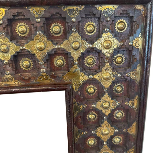 Indian Large 47 Inch Antique Indian Wall Mirror | Handcrafted Solid Wood & Hammered Brass Entryway Decor | Ornate Rectangle Bathroom Vanity Mirror For Sale - Image 3 of 4