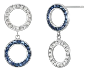 14k White Gold Double Circle Drop Earrings With Diamonds & Sapphires, A Pair