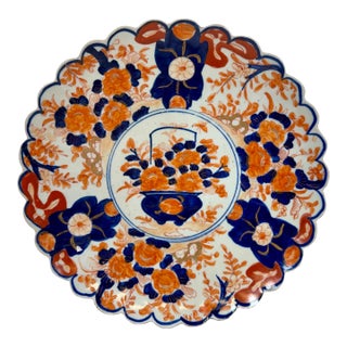 Large Antique Scalloped Edge Porcelain Imari Plate Decorated With Vibrant Orange & Gold Floral Patterns From Japan - Circa 1880 For Sale