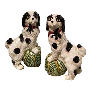 Ceramic Majolica Staffordshire Painted English Cavalier Dog Bookends - a Pair For Sale