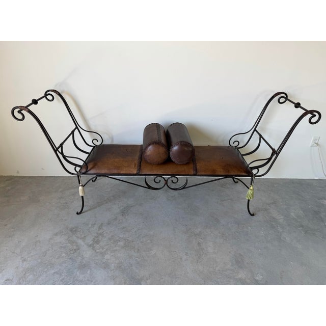 1970s Vintage Rustic Wrought Iron & Leather Scroll Bench For Sale - Image 5 of 12