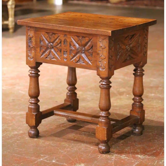 Mid-Century French Louis XIII Style Carved Oak Side Table With Drawer For Sale - Image 13 of 15