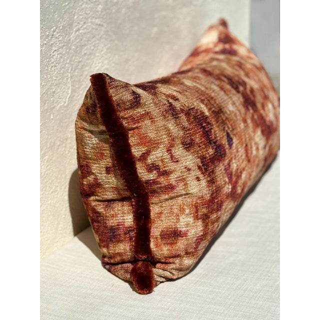 2020s Bespoke Accent Pillow: Sumptuous Orange/Terracotta “Tie- Dyed” Slub Boucle Velvet Xlong Pillow W/Silk Triple Ply Moss Fringe/ 50/50 Down All New For Sale - Image 5 of 12