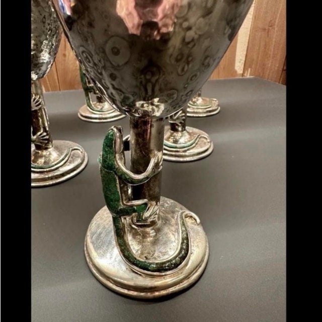 1990s Vintage 1990s Emilia Castillo Mexican Silver Plate Glasses Goblets Green Lizards - Set of 6 For Sale - Image 5 of 12