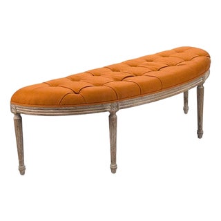 Louis Demilune Curve Tufted Bench - Tangerine / Oak Frame For Sale