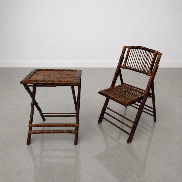 1980s Rustic Tortoiseshell Bamboo Folding Chairs With Side Tables - Set of 8 For Sale - Image 10 of 12