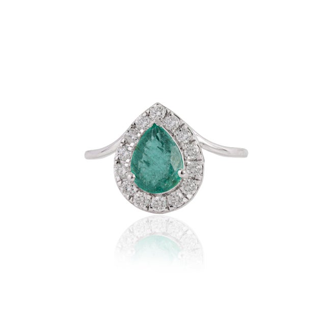 VR Jewels 1.15ct Natural Pear-Cut Emerald Diamond Halo 14k Gold Statement Ring Size 6 For Sale - Image 4 of 17