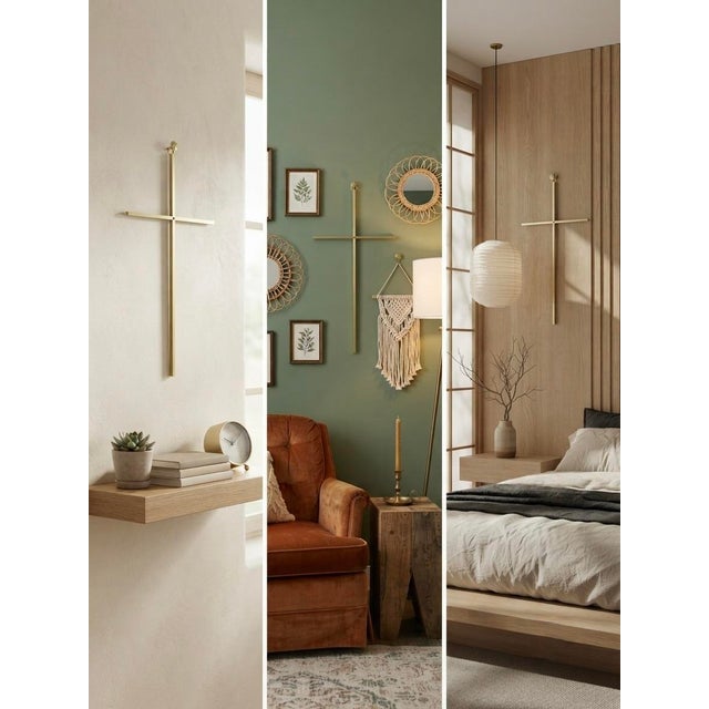 Mid-Century Modern Mid-Century Minimalist Solid Brass Wall Cross For Sale - Image 3 of 13