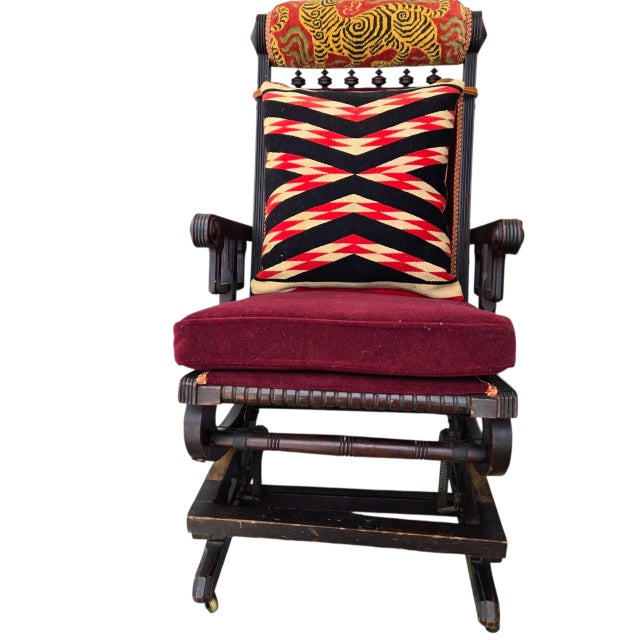 Circa 1860 Victorian Platform Rocker Navaho Blanket Pillow/ Snow Leopard Head Pillow For Sale - Image 13 of 14