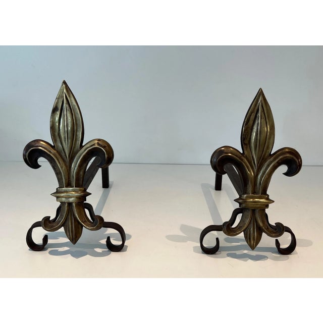 1940s 1940s Bronze and Wrought Iron Andirons With a Fleur-de-lys - a Pair For Sale - Image 5 of 12